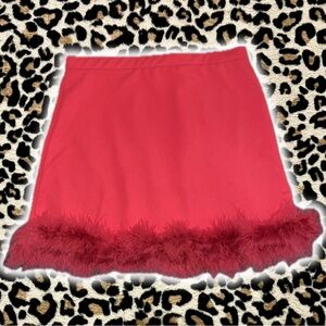 Red Mini Skirt with Feather Trim